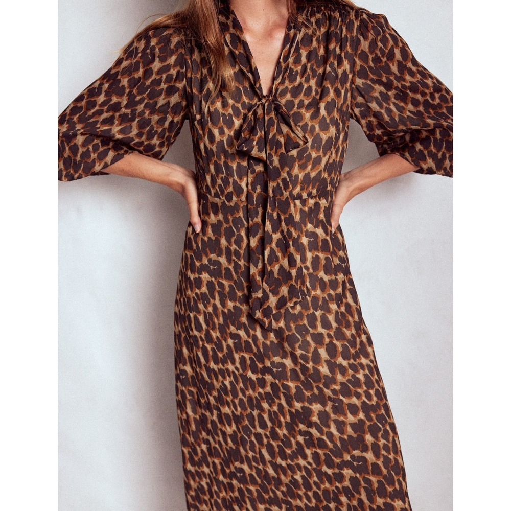 Boden Brooke Tie Neck Tea Dress Leopard Print Maxi Dress Brown 12R New With Tags - Picture 2 of 11